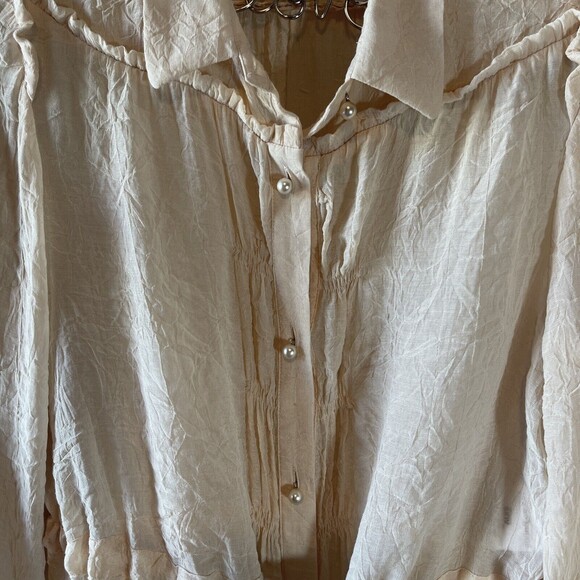 See By Chloe Crinkled Drawstring Waist Pearl Button Cream Blouse Sz 8 - Picture 2 of 9